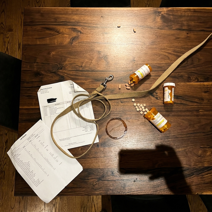Vet invoice, prescription bottles, a lab result sheet and a training lead dumped across a wooden table