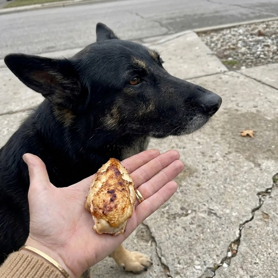 Hand holding roast chicken on an open palm while the shepherd mix turns his head away toward the road