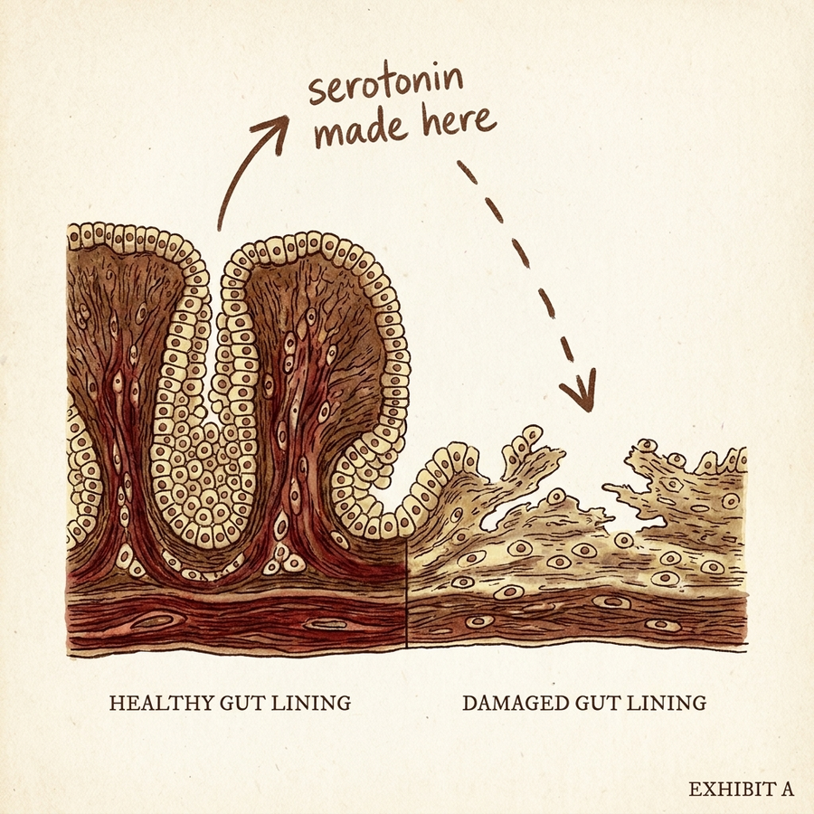 Medical textbook style cross section of a healthy gut lining beside a damaged one, marked EXHIBIT A