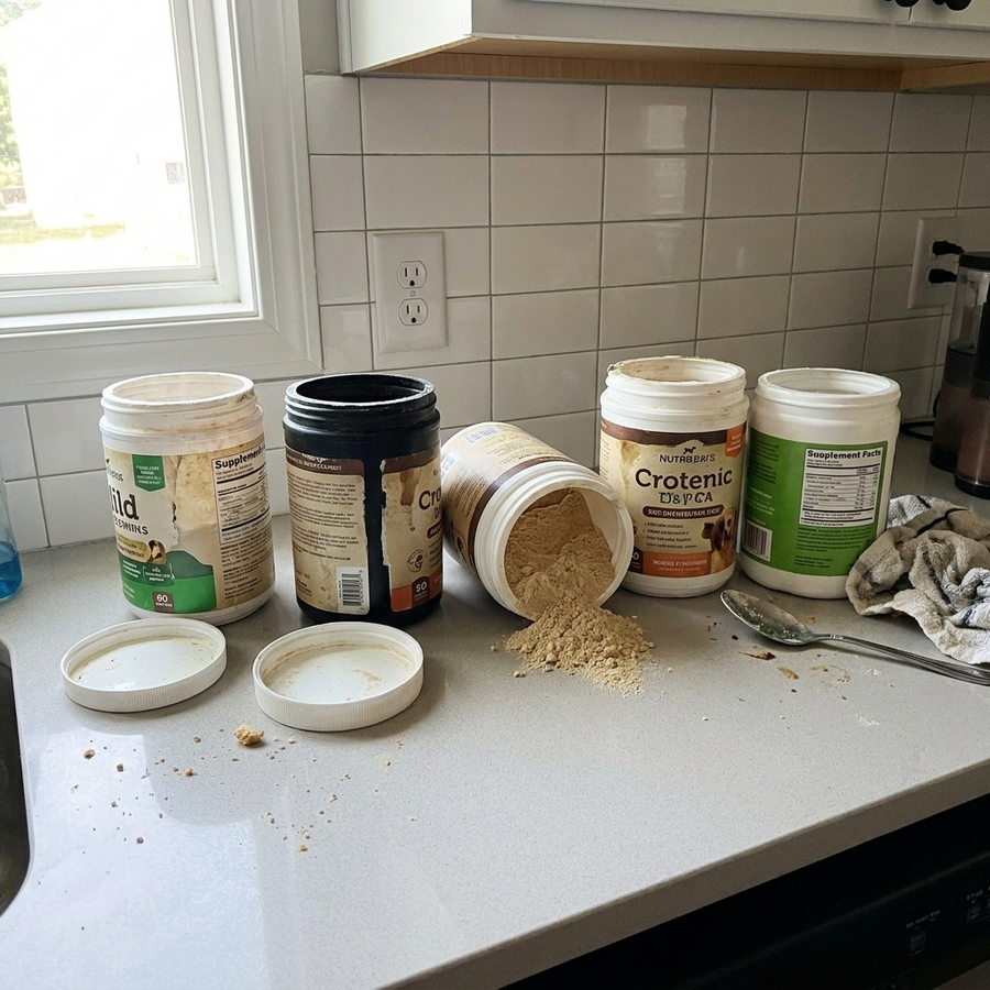 Five opened and used dog supplement tubs on a kitchen worktop, one tipped over with spilled powder