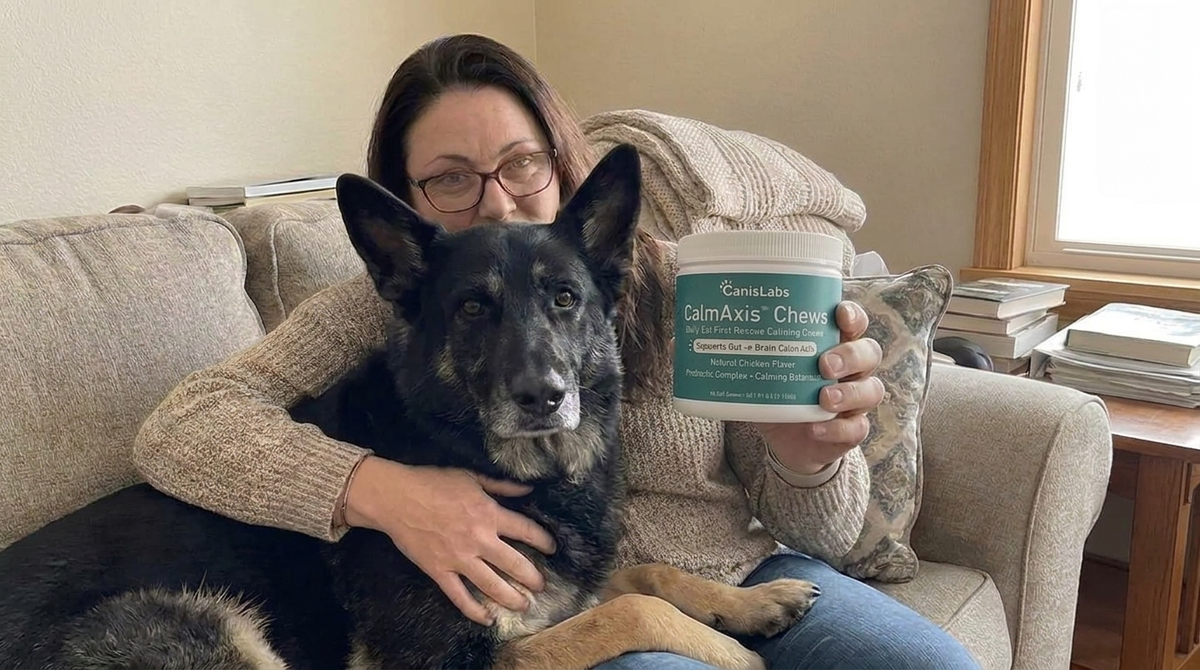 Woman sitting on a sofa with a black and tan shepherd mix against her chest, holding a CalmAxis jar