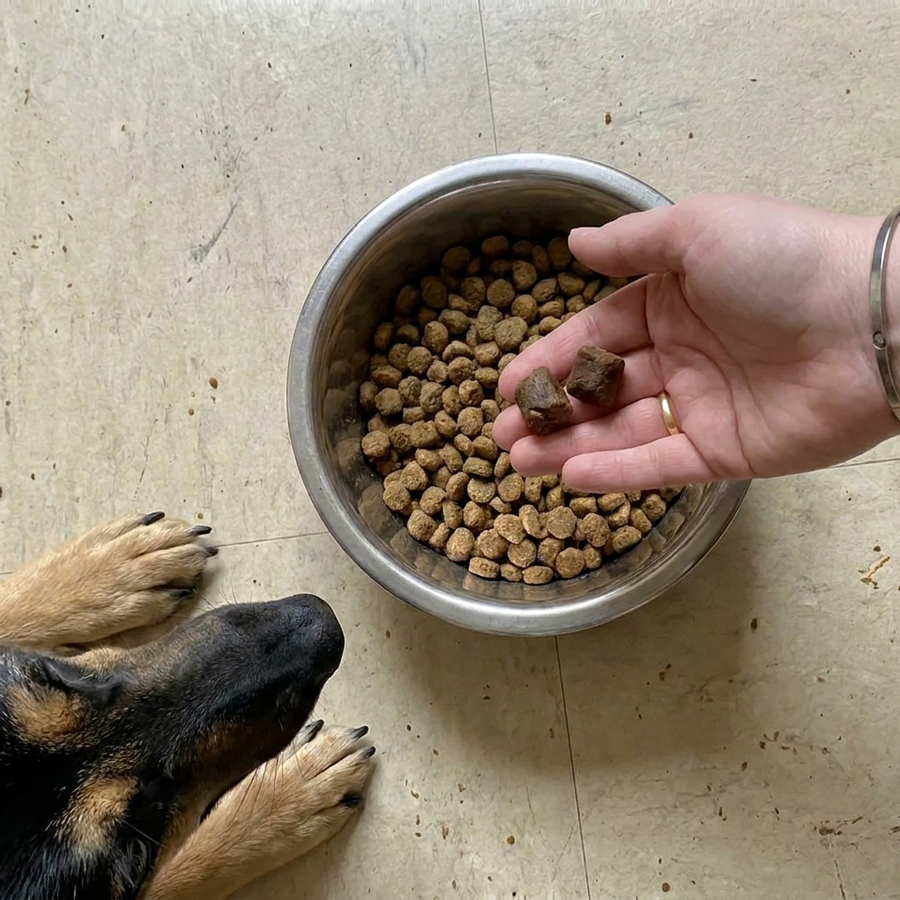 Two CalmAxis chews being dropped onto a bowl of kibble while the shepherd mix waits beside it