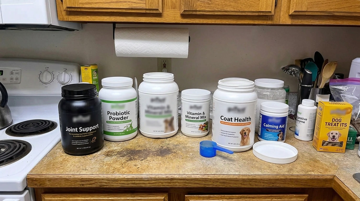 A row of opened dog supplement tubs lined up along a kitchen counter