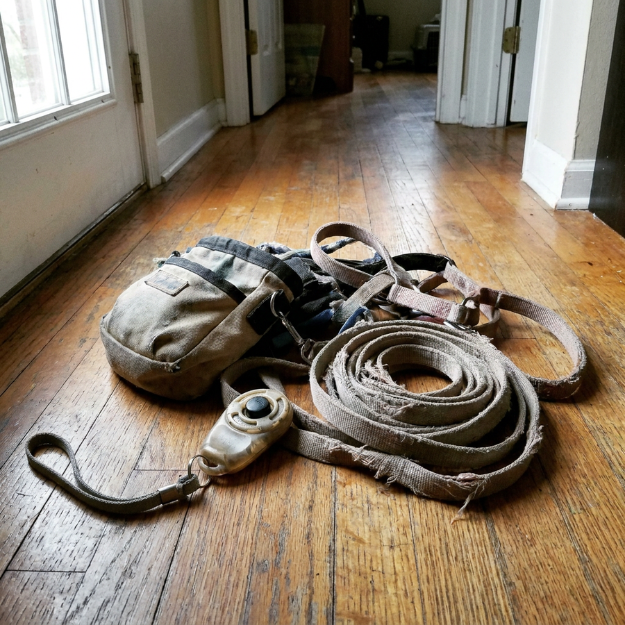 A worn treat pouch, clicker, long training lead and harness on a wooden floor