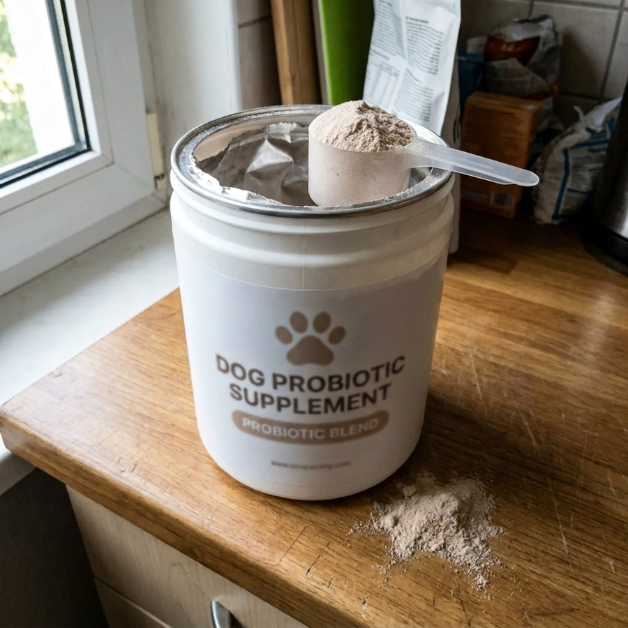 An opened tub of dog probiotic powder with a scoop resting on top